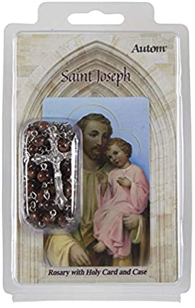 St Joseph Rosary Set Glass Beads and Metal Crucifix with Prayer Pamphlet and Case