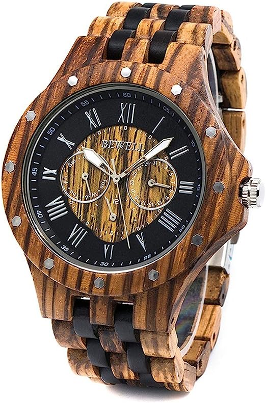 BEWELL Men Wood Watch Quartz, Lightweight Vintage Men Wrist Watches with All Wood Strap (Zebra Wood and Ebony)