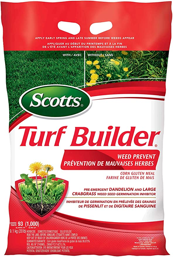 Scotts 30460 Turf Builder Lawn Fertilizer with Weed Prevent1 - Weed Killer and Lawn Fertilizer, Controls Dandelion and Large Crabgrass, 9.1 kg (20 lb) Package Covers up to 93 m2 (1,000 ft2)