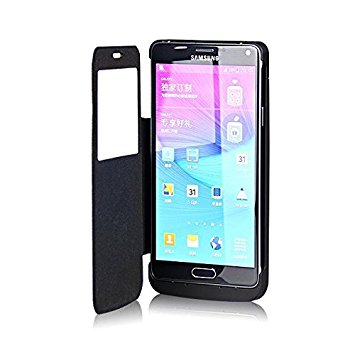 Galaxy Note 4 Battery Case, 2015 Newest 4800mAh Ultra Slim Rechargeable Extended Battery Charging Case for Samsung Galaxy Note 4, Backup External Battery Charger Case, Portable Backup Power Bank Case with Kickstand and S View Faux Leather Flip Cover (Black)