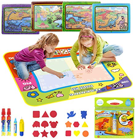 Coolplay Colorful Water Drawing Mat with 5 Water Pens and 17 Stamps for Toddlers, Magic Drawing Dinosaur Book for Kids Learning Toy Boy and Girl Gift