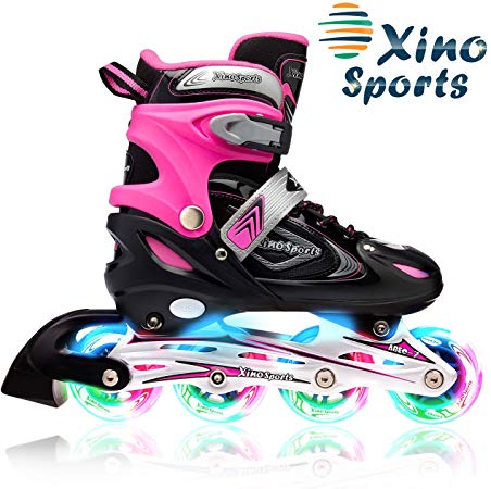 XinoSports Adjustable Kids Inline Skates for Girls & Boys with Light Up Wheels (Ages 5-20) – Roller Skates with Illuminating Wheels – 1 Year Warranty, Life Time Customer Support