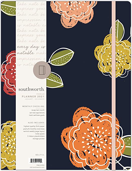 Southworth 2021 Yearly Planner (January, 2021-December, 2021), Monthly and Yearly Planner, 8.5” x 11”, Floral Blossoms Navy, Premium 28lb/105gsm Paper, Case Bound, 82 Sheets/164 Pages (91910)