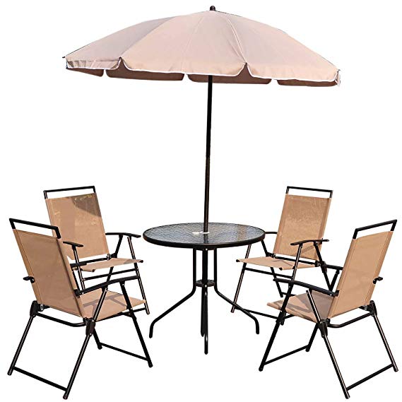 Outsunny Garden Patio Textilene Folding Chairs Plus Table and Parasol Furniture Bistro Set - Beige (6-Piece)