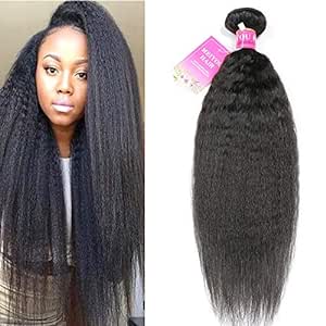 MeiYou 12A Kinky Straight Hair 1 Bundles Yaki Human Hair Weave Unprocessed Brazilian Virgin Remy Sew in Hair Extensions Natural Black(14)