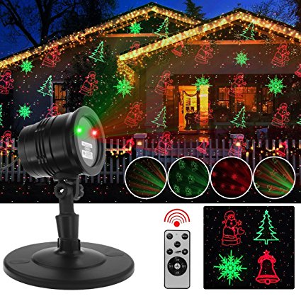 Christmas Laser Lights, Automatically LED Landscape Spotlight with Snowflake/Jingling Bell/Xmas Tree/Santa Claus/RG Stars with Remote Control for Xmas, Birthday, Halloween Party Decoration