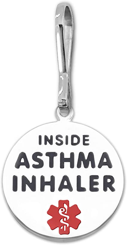 Divoti 1.25" DOUBLE-SIDED ASTHMA INHALER INSIDE Bag Tag -Zipper Pull- Entirely Surgical Stainless Steel w/Hard Enamel