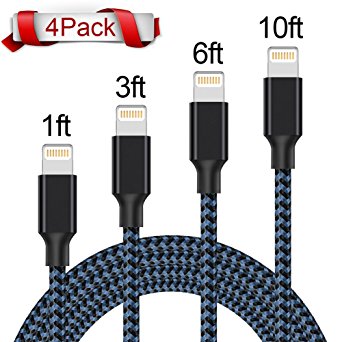 Lightning Cable,XUZOU iPhone Charger 4Pack 1FT 3FT 6FT 10FT to USB Syncing and Charging Cable Data Nylon Braided Cord Charger for iPhone 7/7 Plus/6/6 Plus/6s/6s Plus/5/5s/5c/SE and more (Black&Blue)