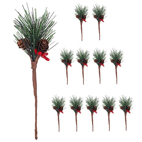 Eokeanon 12 Pack Artificial Pine Picks Mini Christmas Picks with Evergreen Pine Needle for Christmas Flower Arrangements, DIY Crafts, Garland and Holiday Decorations