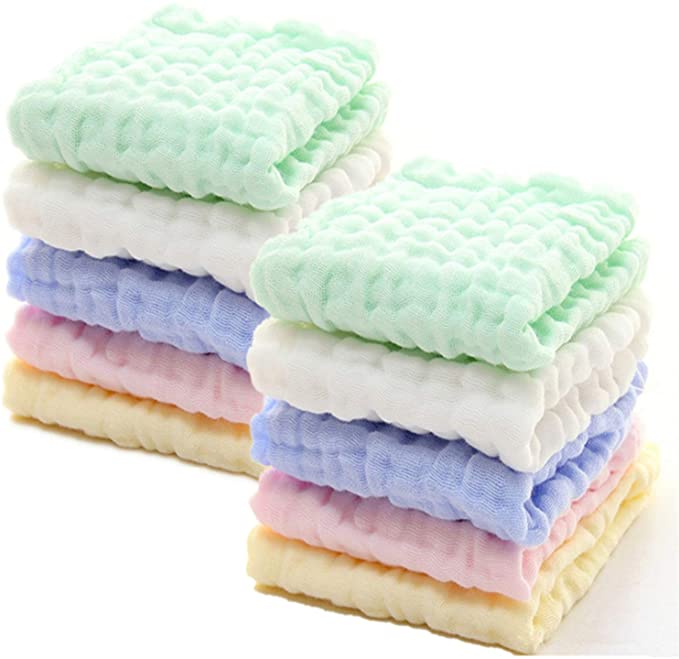 Baby Muslin Washcloths - Natural Muslin Cotton Baby Wipes - Soft Newborn Baby Face Towel for Sensitive Skin- Baby Registry as Shower Gift, 10 Pack 10x10 inches by MUKIN (Multicolored)