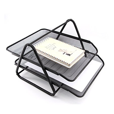 HAODE FASHION 2 Tiers Steel Mesh Document Tray, File Basket, Office Desk Organizer, Letter Tray Organizer, Desktop Document Paper File Organizer, Black