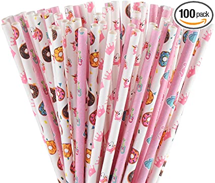 ALINK Biodegradable Pink Paper Straws, 100 Crown/Unicorn/Donut/Mermaid Straws for Baby/Bridal Shower, Wedding, Birthday, Christmas Decorations, Summer Beach Pool Luau Party Supplies