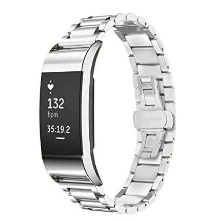 Fitbit Charge 2 Wrist Band,Shangpule Stainless Steel Metal Replacement Smart Watch Band Bracelet with Double Button Folding Clasp for Fitbit Charge 2 (Silver)