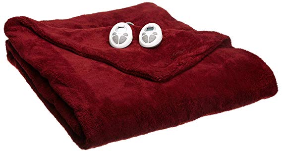 Sunbeam Luxurious Premium Plush King Electric Heated Blanket, Auto Shut-Off, 20 Heat Settings,Two Controllers, King (Red)