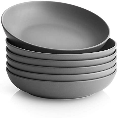 Y YHY 30 Ounces Porcelain Pasta, Salad, Soup Bowls, Large Serving Bowl Set, Wide and Flat, Set of 6, Grey Matte