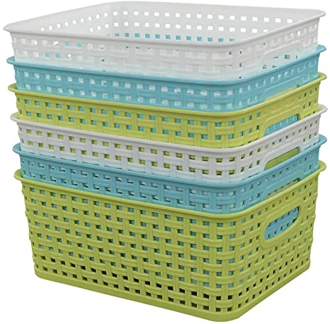 Ponpong Plastic Weave Storage Baskets Organizer, 6 Pack (Blue, Green, White)