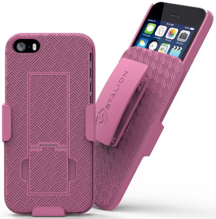 iPhone 5 5S Belt Clip Case  Stalion Secure Holster Shell and Kickstand Combo Fuchsia Pink 180 Degree Rotating Locking Swivel  Shockproof Protection