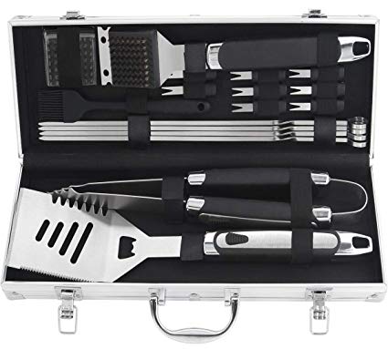 grilljoy 18pcs BBQ Grill Accessories Set - Heavy Duty Stainless Steel Barbecue Grilling Utensil Kit with Non-Slip Handle in Aluminum Storage Case - Prefect Birthday Gift Set for Dad