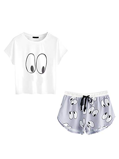 DIDK Women's Cute Cartoon Print Tee and Shorts Pajama Set