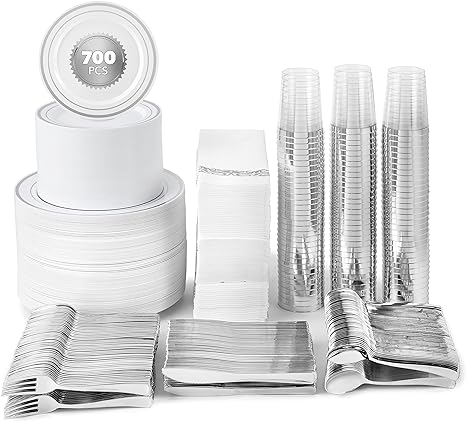 700 Piece Silver Dinnerware Set: 200 Silver-Rim Plastic Plates, 100 Silver Plastic Silverware, 100 Silver Plastic Cups, 100 Linen-Like Silver Napkins, Bulk Wedding Plates Disposable Set 100 Guests