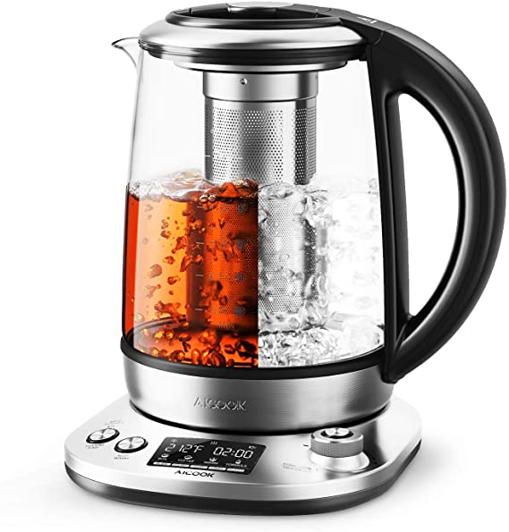 Aicook Electric Kettle 1.7L Glass Tea Kettle, Intelligent Tea Maker with To The Degree Temperature Control, 100% Stainless Steel Inner Lid, Infuser & Bottom, Auto Shut off & Boil Dry Protection, BPA free