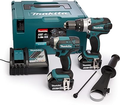 Makita combo DHP458   DTD152   DC18RC   BL1850Bx2, 18 V, 2 x 5 Ah Li-Ion Martillo Drill/Impact Driver Kit, 1 pieza, dlx2145tj, 600 W, 18 V, Azul y Plateado