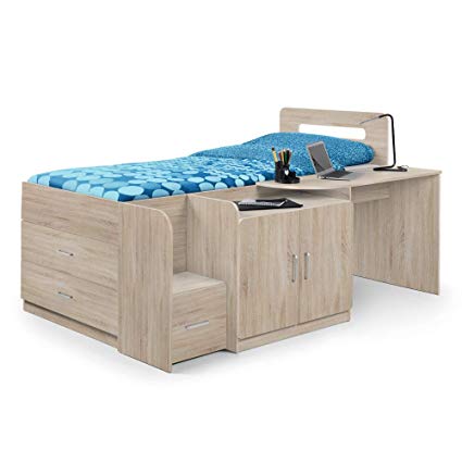 Mid Sleeper with Storage, Happy Beds Cookie Oak Wood Modern Cabin Bed - 3ft Single (90 x 190 cm) Frame Only