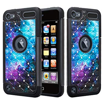 Wydan iPod Touch 6th, 5th Generation Case - Hybrid Studded Diamond Rhinestone Bling Shockproof Phone Cover - Black Galaxy For Apple