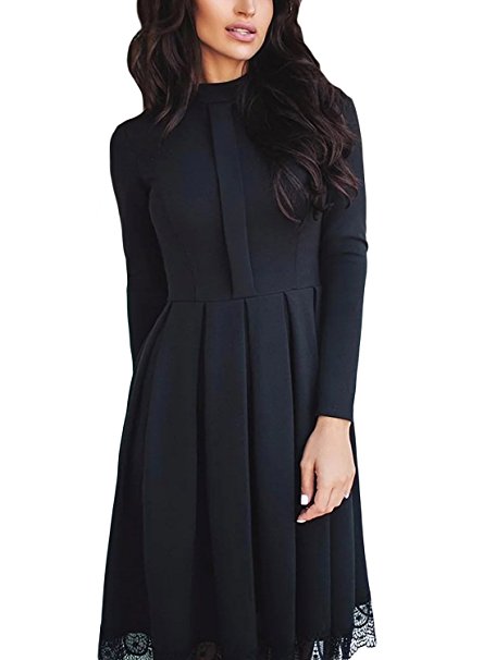 Dokotoo Womens Lace Hemline Mock Neck Long Sleeve Flare Pleated Skater Dress