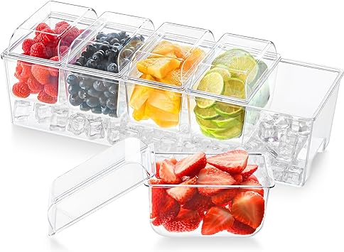 Lifewit Ice Chilled Condiment Caddy with 5 Containers(2.5 cup), Condiment Server with Separate Lids, Serving Tray Platter with Removable Dishes for Bar Accessories, Fruit, Salad, Taco, Party Garnish