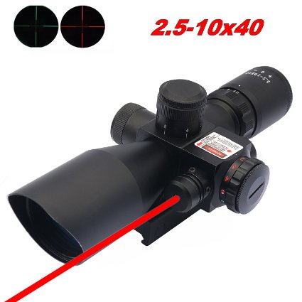 U-ZM Rifle Scope Red Dot Tactical 25-10x40 Red Laser Dual Illuminated Mil-dot w Rail Mount