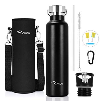Ryaco Stainless Steel Vacuum Insulated Water Bottle 750ml, Double Walled BPA-Free Leak Proof Flask, Stay Cold for 24Hrs & Hot for 12Hrs, Included 2 Exchangeable Caps, Neoprene Sleeve