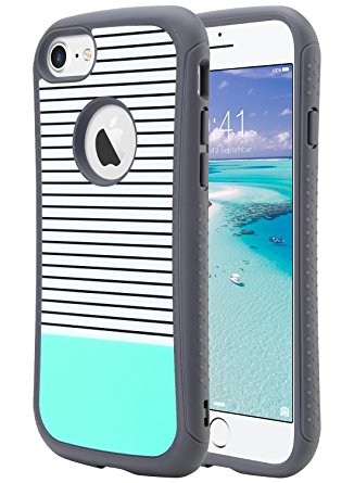 iPhone 8 Case Slim, iPhone 7 Case, ULAK SLIM WAIST Hybrid Slim Protection Scratch Resistant Hard Back Cover Shock Absorbent TPU Bumper Case, Grey/Minimal Mint Stripes