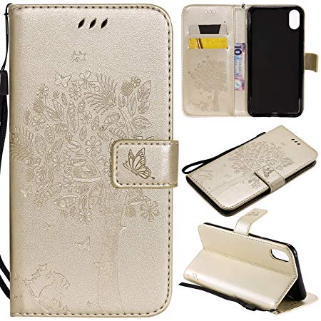 iPhone Xs Max Case,iPhone Xs Max Wallet Case,iPhone Xs Max PU Leather Protective Case Emboss Cat and Tree Folio Magnetic with Card Holder Kickstand and Flip Case for iPhone Xs Max 6.5 Inch Gold