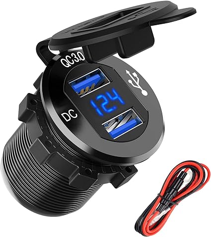 Quick Charge 3.0 Dual USB Charger Socket, SunnyTrip Waterproof Aluminum Power Outlet Fast Charge with LED Voltmeter & Wire Fuse DIY Kit for 12V/24V Car Boat Marine Motorcycle Truck Golf Cart and More