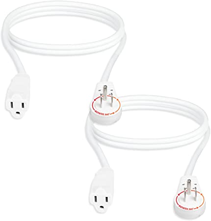 2 Pack of 6 Ft Rotating Flat Plug Extension Cords - 16/3 SJT Durable White Electrical Cable, 13 AMP