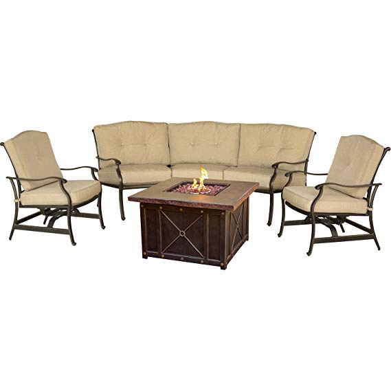 Hanover TRADDURA4PCFP Outdoor Furniture Traditions Conversation Set with 40" Durastone Fire Pit (4 Piece), Natural Oat