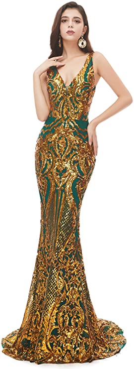Ikerenwedding Women's V-Neck Sequins Sleeveless Lace-up Mermaid Evening Dress
