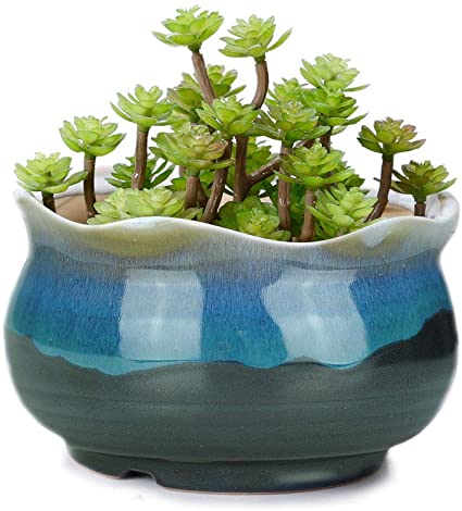 VanEnjoy 5" Large Ceramic Succulent Pot, Multicolor Colorful Flowing Glazed, Indoor Home Décor Cactus Flower Bonsai Pot Planter Container, Candle Holder Ring Bowl (Blue A)