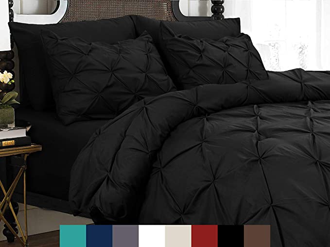 Elegant Comfort 3 Piece Pinch-Pleated Button Closure, Wrinkle-Resistant Ultra-Soft Microfiber Duvet Cover Set, Luxurious & Pintuck Décor, King/California King, Black