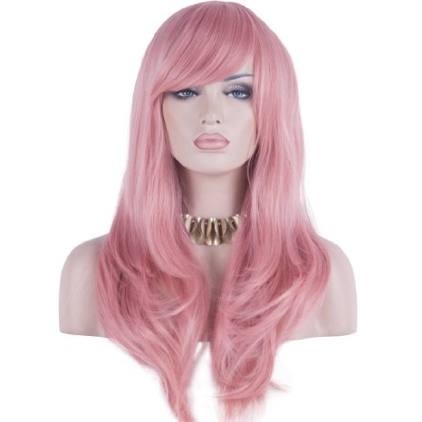 DAOTS 28" Wig Long Heat Resistant Big Wavy Hair Women Cosplay Wig (pink)