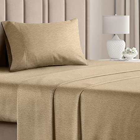 Twin Size Sheet Set - 4 Piece Set - Softer Than Jersey Cotton - Same Look as Jersey Knit Sheets & T-Shirt Sheets - Deep Pockets - Easy Fit - Breathable & Cooling Sheets - Wrinkle Free - Heathered Tan