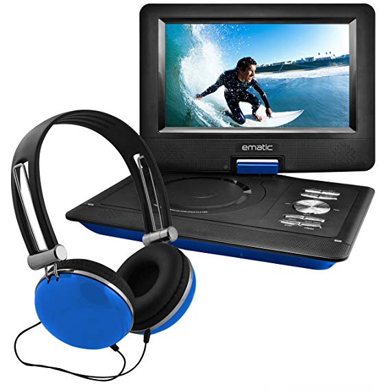 Ematic Portable DVD Player with 10-inch LCD Swivel Screen, Headphones and Car Headrest Mount, Blue