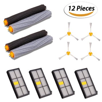 BESKIT 12PCS Replenishment Kits for Roomba 870 880 980 - 2 Set Tangle-Free Debris Extractor, 4 Hepa Filters & 4 Side Brushes iRobot Roomba 800 & 900 Series Replacement Parts Accessories