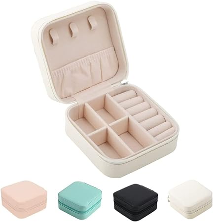 Small Jewelry Box, FOME PU Leather Mini Travel Jewelry Trays Display Storage Case with Mirror for Rings Earrings Necklace Bracelets Jewelry Gift (White Square)