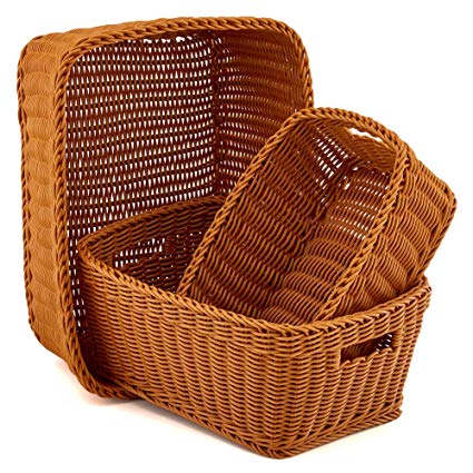 EZOWare Set of 3 Plastic Waterproof Storage Wicker Baskets Bins Boxes Organizer with Handle - Brown