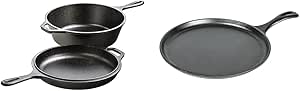 Lodge Pre-Seasoned Cast Iron Combo Cooker. Dutch Oven Pot, Skillet with Lid, Induction, Oven, Grill & L9OG3 26.67 cm / 10.5 inch Pre-Seasoned Cast Iron Round Griddle/Pancake Pan, Black