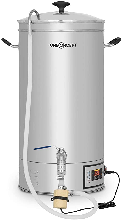 oneConcept Hopfengott Mash Kettle - Mash Tun, Home-Brewing System, 30-140 ° C, 500-1600 Watts, Circulating Pump, 4 Programmable Steps, Colour Display, Stainless Steel, Silver - 30 L