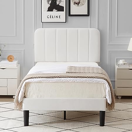 VECELO Twin Size Upholstered Bed Frame with Adjustable Headboard, Velvet Platform Bedframe Mattress Foundation, Strong Wood Slat Support, No Box Spring Needed, White