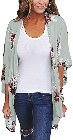 Women's Floral Print Puff Sleeve Kimono Cardigan Loose Cover Up Casual Blouse Tops